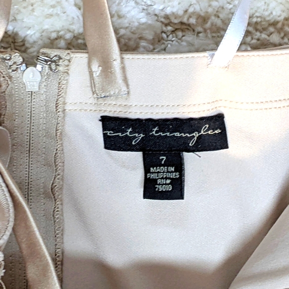 City Triangle Beige Shoulder Strapped Gown w/ Pleated Chest & Side Slit, 7 - Picture 2 of 12